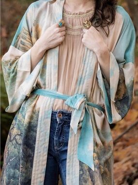 Tie-Belt Watercolor Kimono Cape - Blue & Cream